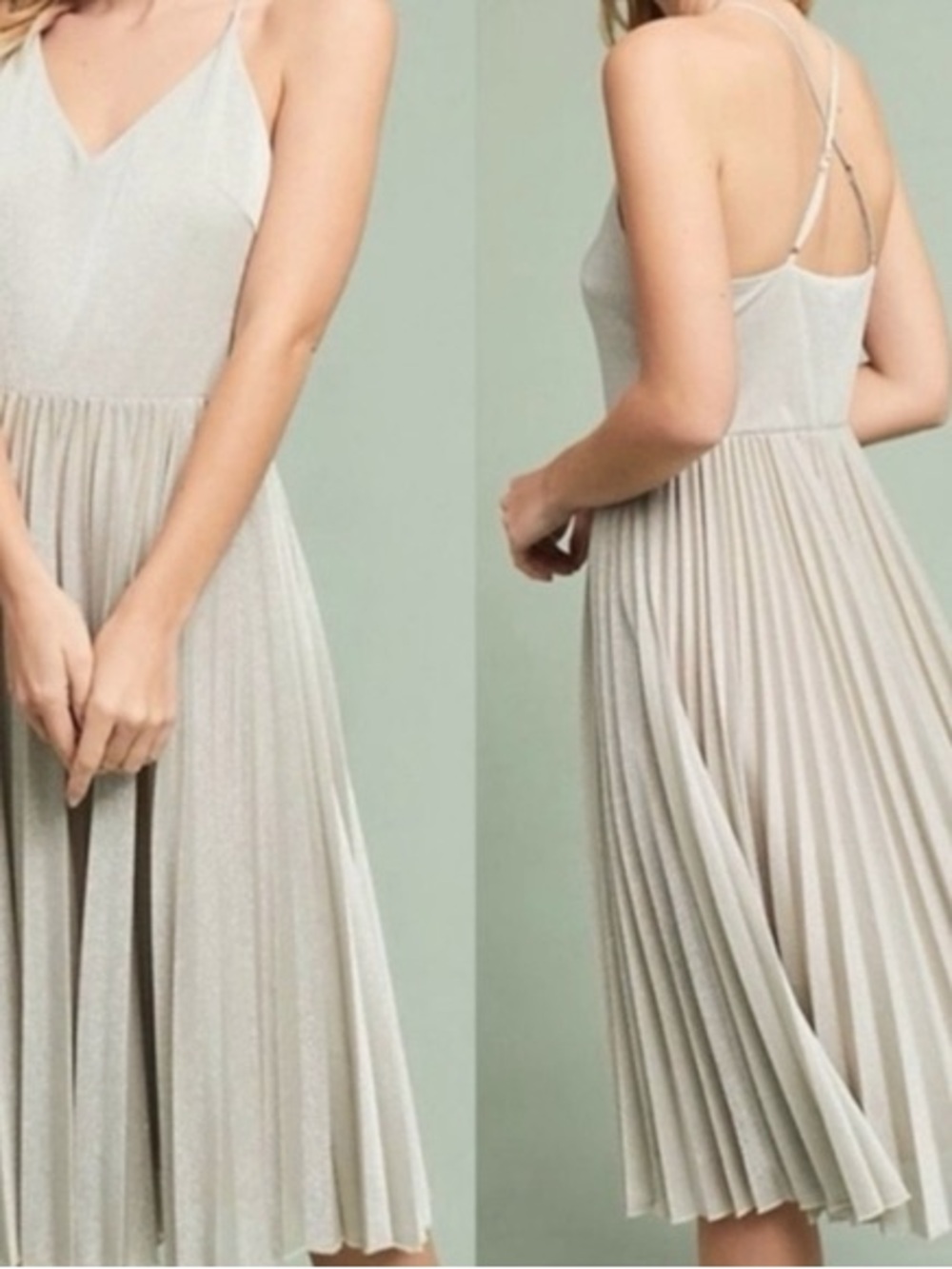 elevenses Shimmery Cream Pleated Spaghetti-Strap Midi Dress